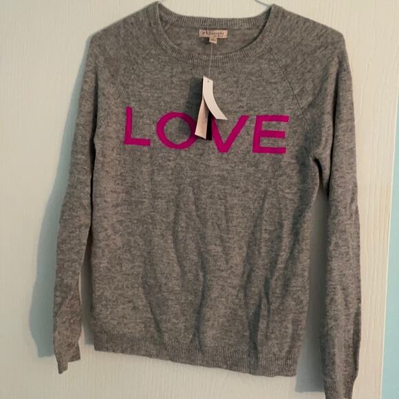 Philosophy 100% Cashmere Sweater Gray Love Crewneck Sweater NWT Valentine's Day - Picture 1 of 3
